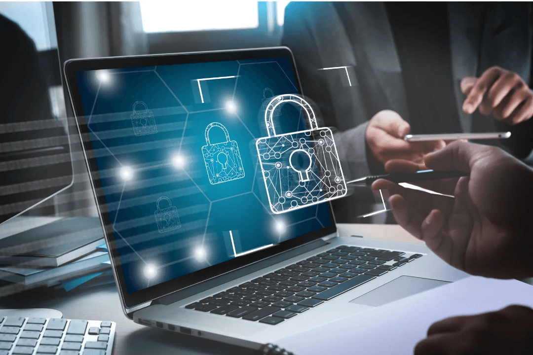 Laptop displaying digital padlocks representing network security